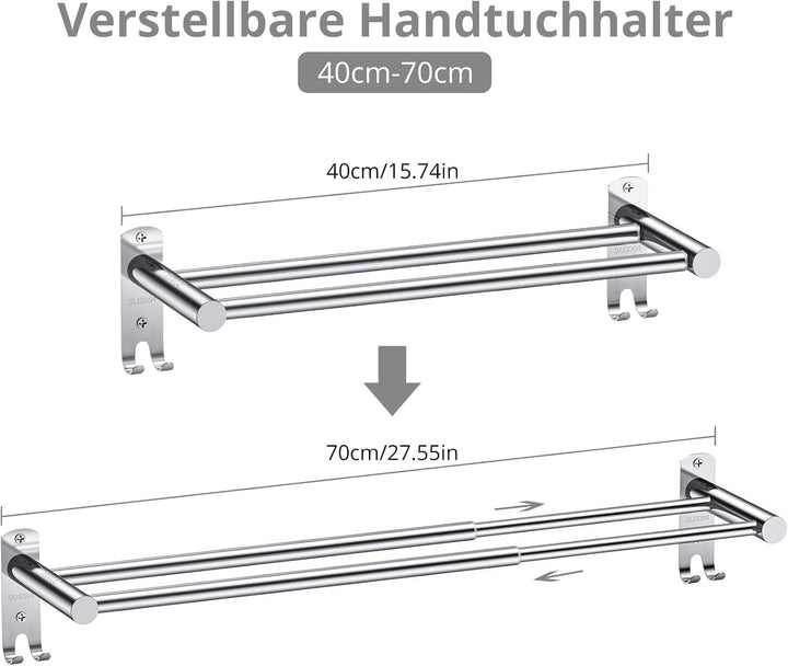TANiCE 40-70cm Handtuchstange doppelt Bad einstellbar Edelstahl Selbstklebend Handtuchstange wandmon