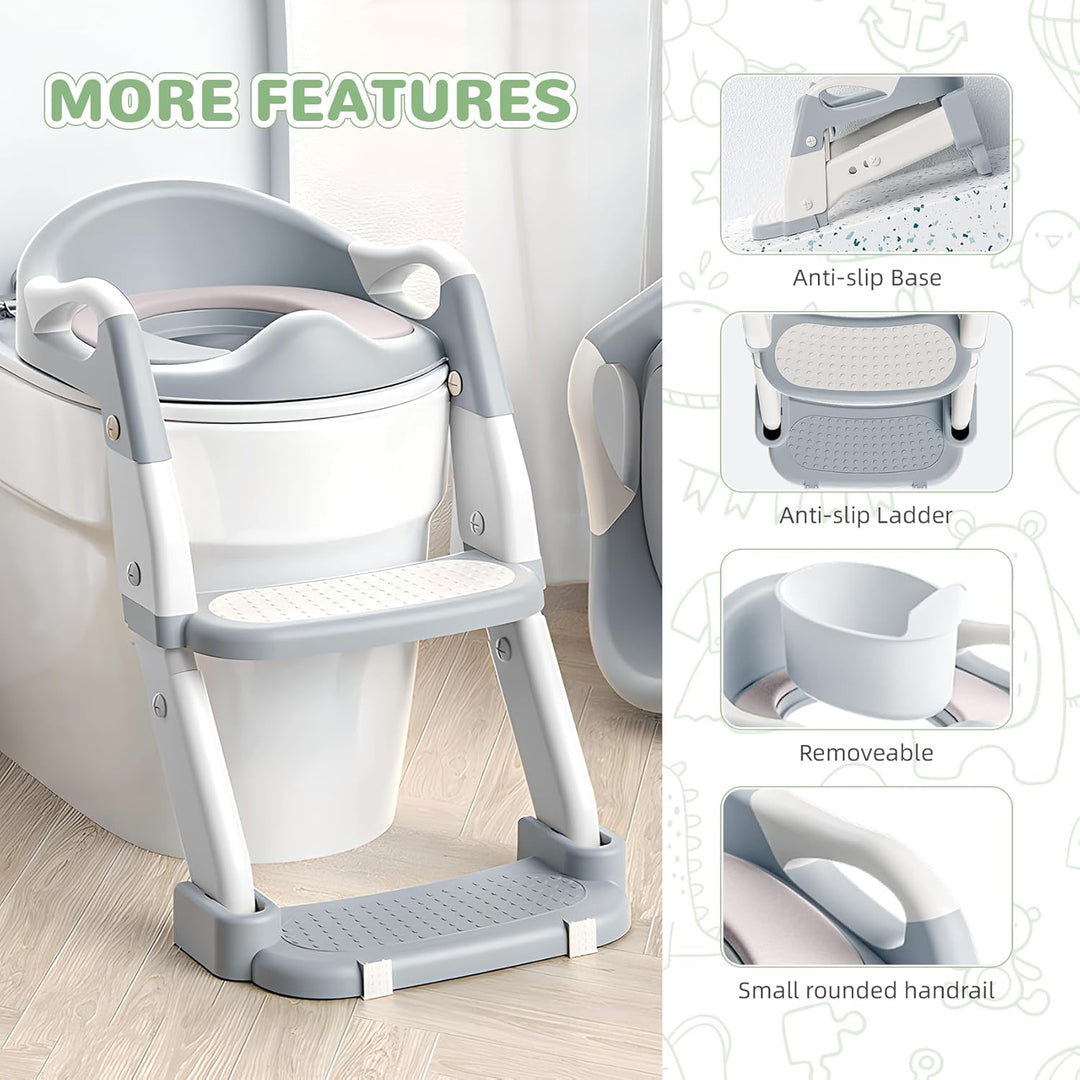 Toilettensitz Kinder mit Treppe, 2-in-1 Toilettentrainer für Kinder, WC Sitz mit PU Gepolsterter, Hö