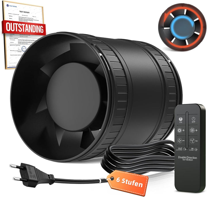 Bidirektionaler Rohrventilator 100mm mit 6 Stufen, Fernbedienung – Leistungsstarker Leise Rohrlüfter