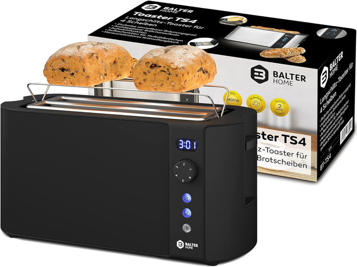 Balter Toaster 4 Scheiben, Langschlitz, Edelstahl, Brötchenaufsatz, LCD Display mit Restzeitanzeige,