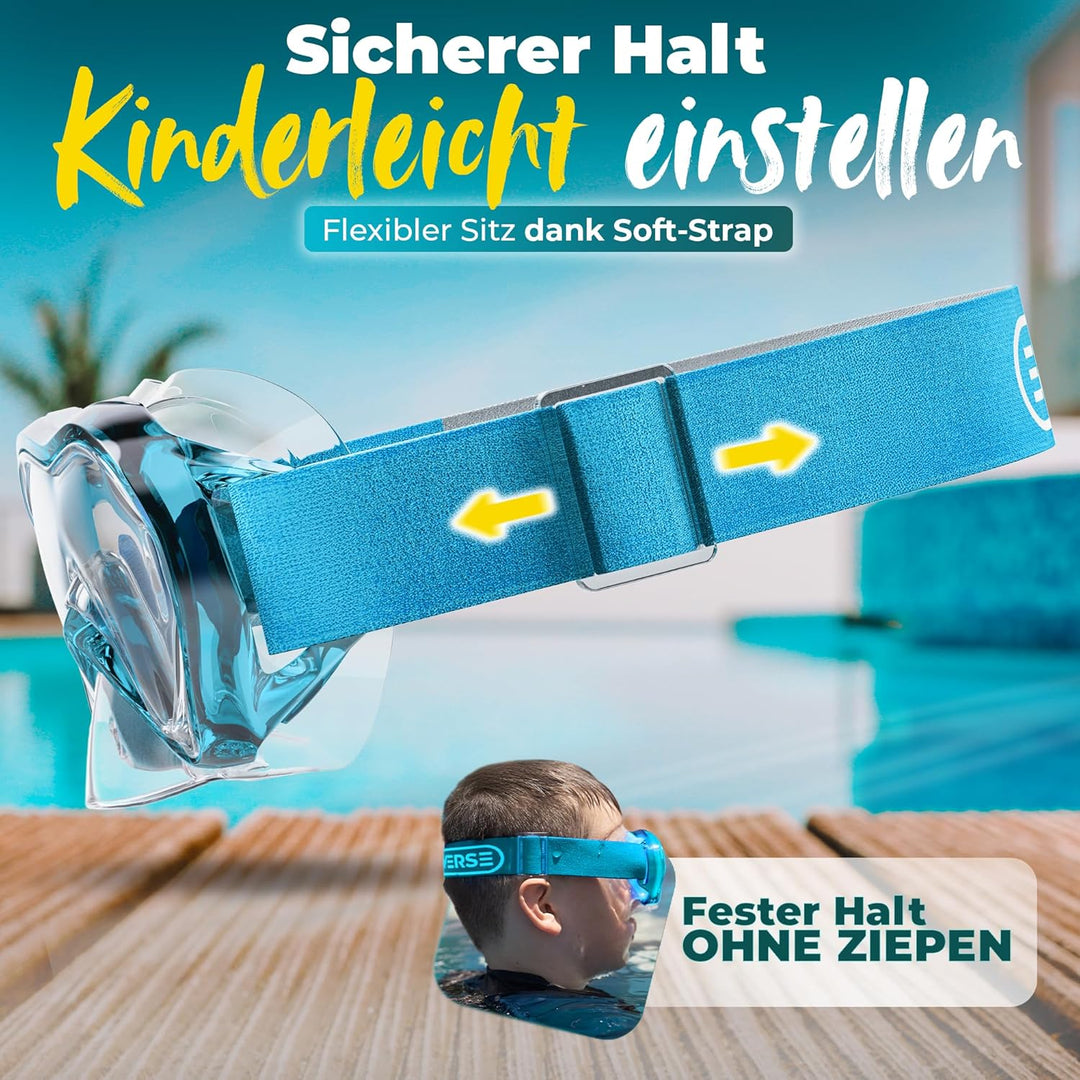 KIDVERSE Taucherbrille Kinder mit Nase - CE & Dermatest geprüfte Kinder Taucherbrille mit Stoffband