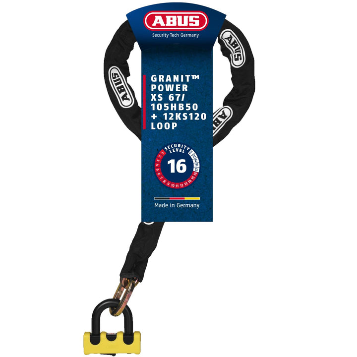 ABUS Schloss-Ketten-Kombi - Granit Power XS 67/105HB50 + 12KS120 black loop - Motorradschloss mit AB