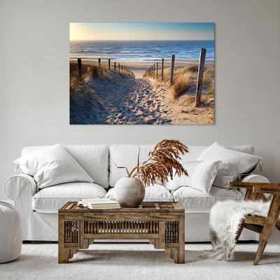 Bilder auf Leinwand 100x70cm Leinwandbild mit Rahmen Meer Strand Düne Gross Wanddeko Bild Schlafzimm