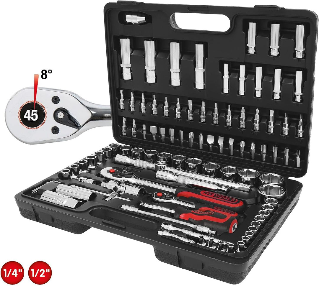 KS Tools 918.0796 1/4 Zoll + 1/2 Zoll CHROMEplus Steckschlüssel-Satz | mit 2 Umschaltknarren, 45-Zah