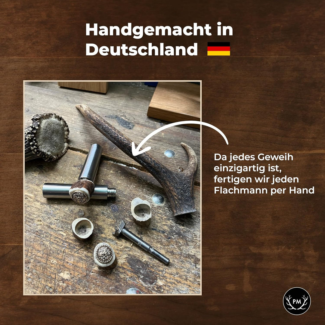 Flachmann mit echtem Hirschgeweih Deckel - 4cl Füllmenge, passt in Lederhose - Oktoberfest Gadget -
