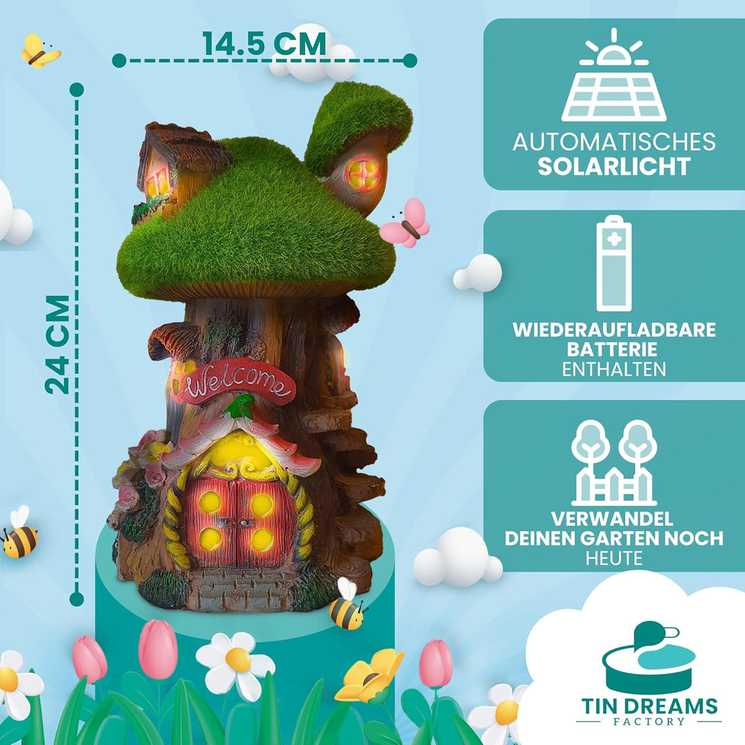 Feenhaus für den Garten mit Solarlicht - Fairy Tree House aus Harz - Aussendekoration für Garten, Te