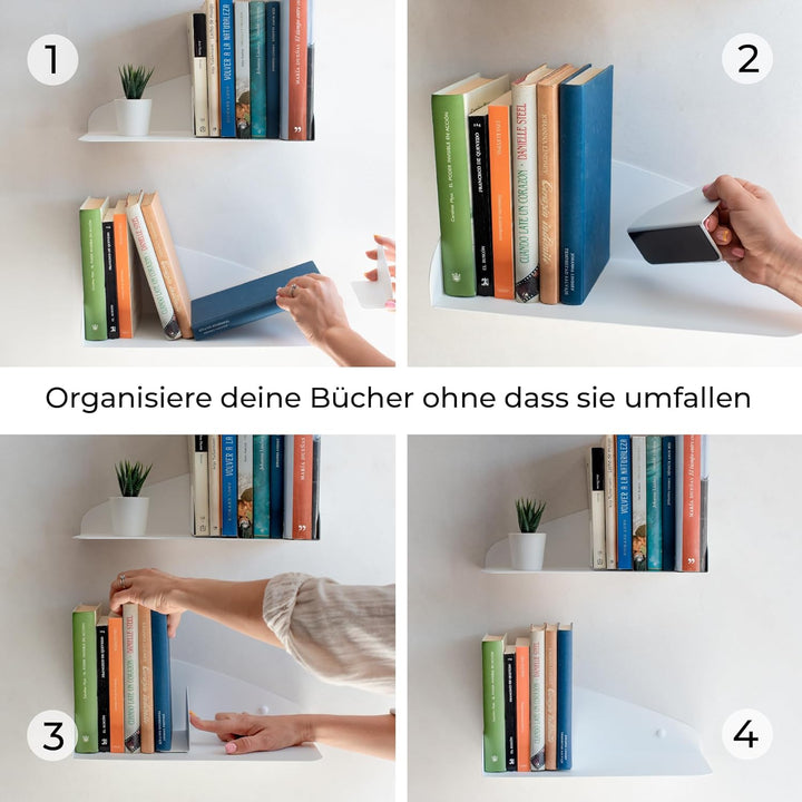 MILUKA Wandregal Weiss 35 cm | 2er Set Bücherregal Wand mit Magnetische Buchstütze | Bücher Regal Hä