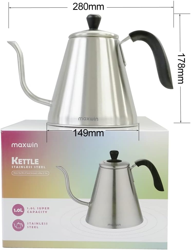 MAXWIN Pour Over Kaffee Wasserkocher 1L,Schwanenhals Langer Auslauf,Kaffeekocher Teekanne Kaffeekess