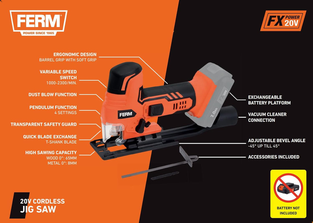 FERM JSM1040 Akku-Stichsäge 20V – Kabellose Pendelhub-Stichsäge mit 4 Stufen, variabler Hubzahl, Sta