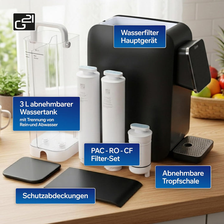 G21 Osmo Osmoseanlage Trinkwasser 3L, 1:1 Rein- zu Abwasserverhältnis, Umkehrosmoseanlage mit Heissw