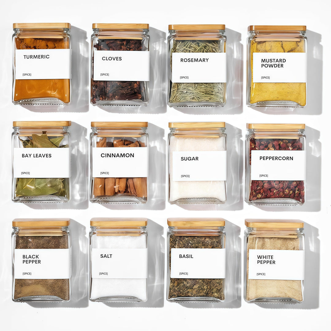 Gewürzgläser Eckig mit Holzdecke, [12x 120ml] + 88 Wasserfeste Etiketten - Gewürzdosen Set Glas - Ge