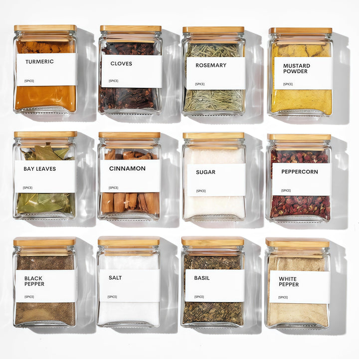 Gewürzgläser Eckig mit Holzdecke, [12x 120ml] + 88 Wasserfeste Etiketten - Gewürzdosen Set Glas - Ge