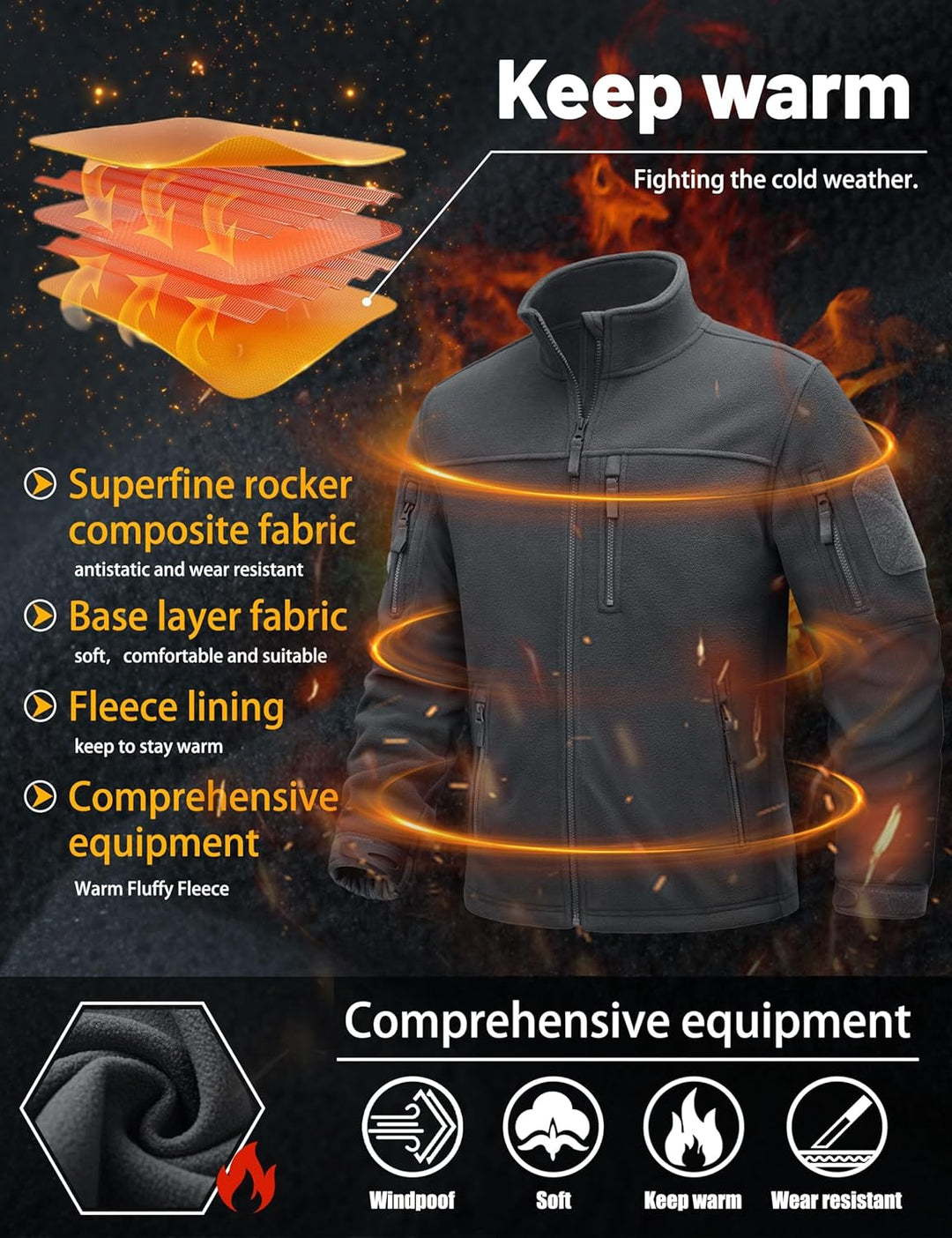 TACVASEN Herren Militär Outdoor Fleecejacke Warme Taktische Jacke Fleece Jacket, M Grau