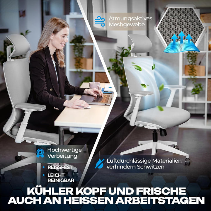 VALKENSTOL M3 Pro Ergonomischer Bürostuhl 150 kg Grau – [Höhenverstellbare Lordosenstütze] Schreibti