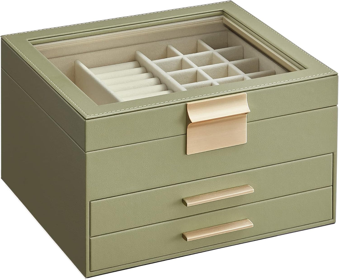 SONGMICS Schmuckkästchen, Schmuckkasten 3 Ebenen, Schmuckbox mit Glasdeckel, 2 Schubladen, Schmuckau