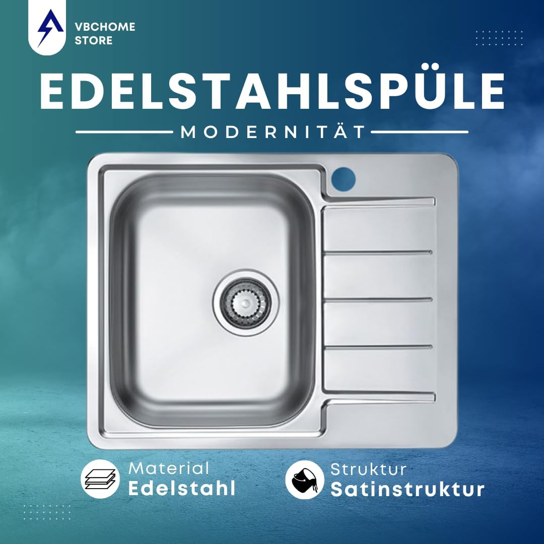 VBChome Edelstahlspüle 62x50 cm Satinstruktur Einbauspüle Spülbecken mit Hahnloch Abtropffläche Rech