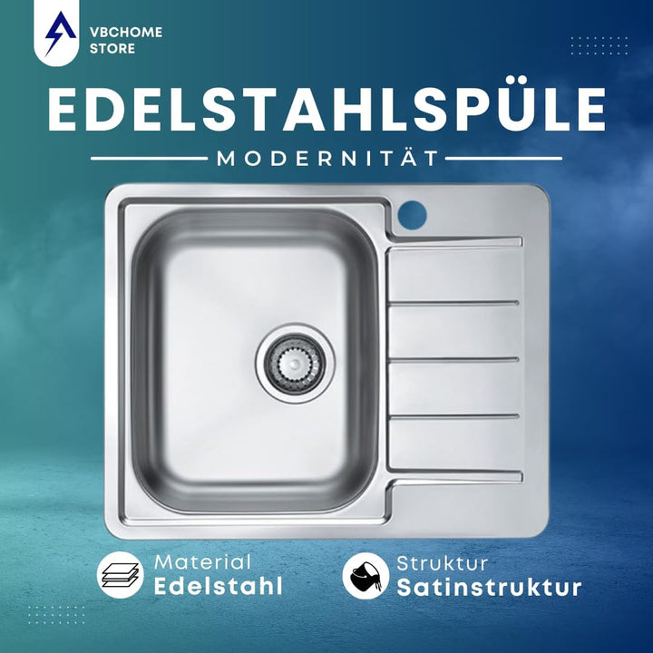 VBChome Edelstahlspüle 62x50 cm Satinstruktur Einbauspüle Spülbecken mit Hahnloch Abtropffläche Rech