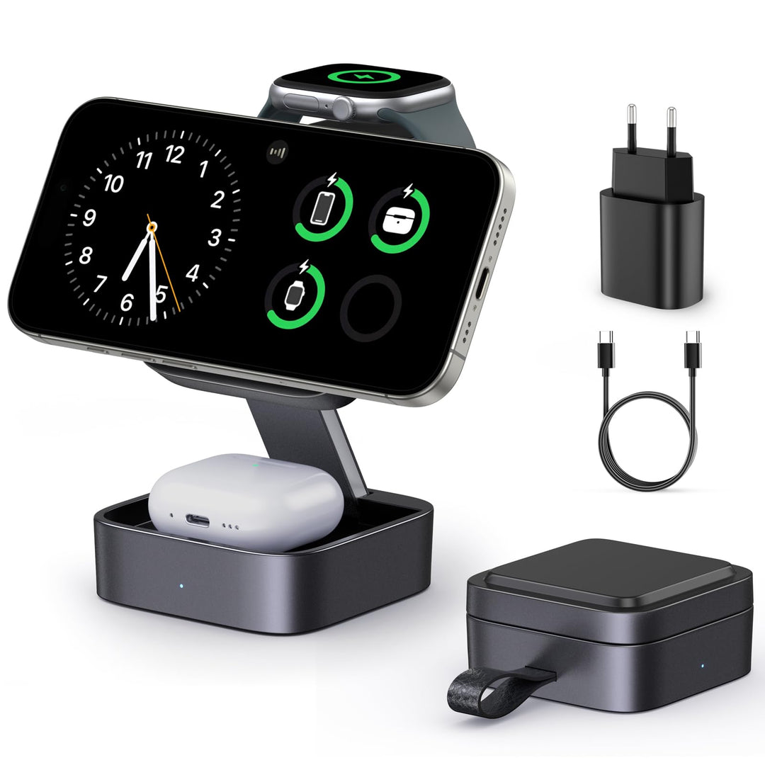3-in-1 Ladestation für Apple, Magnetisches Faltbares Kabelloses Ladegerät mit Mag-Safe für iPhone Ai