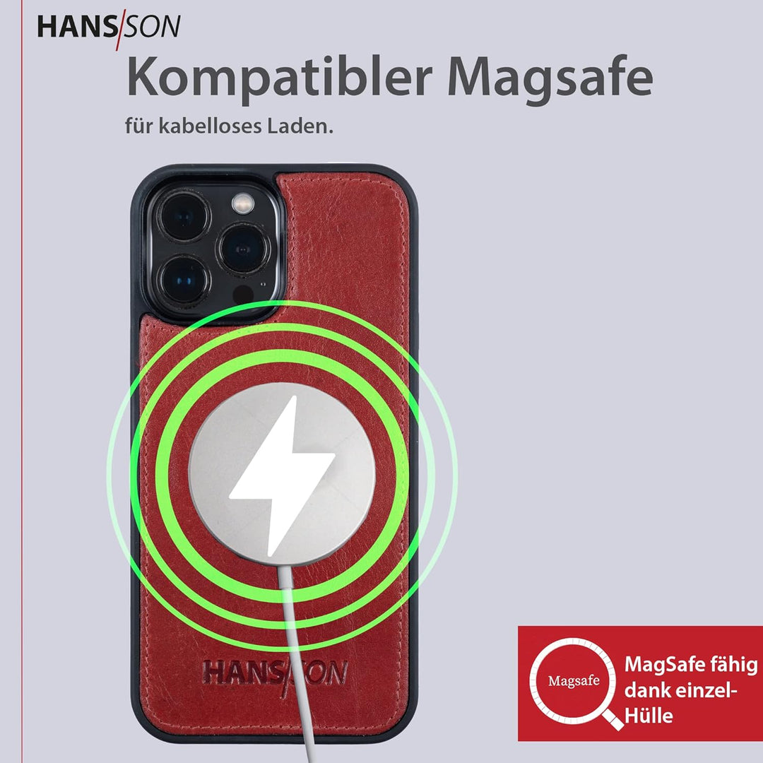 HANS/SON Hülle aus Echtleder mit Kartenfächern | Rote iPhone 13 Pro Max Klapphülle | Geldbeutel | Ma