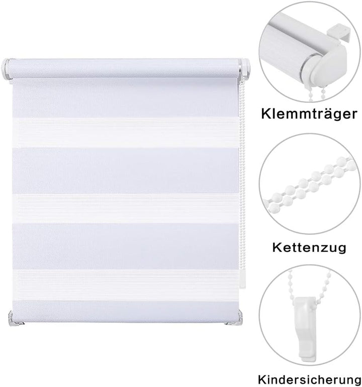 Eurohome Doppelrollo Klemmfix ohne Bohren, Duo Rollo,40cm x 130cm (Stoffbreite 36 cm) Weiss Transpar