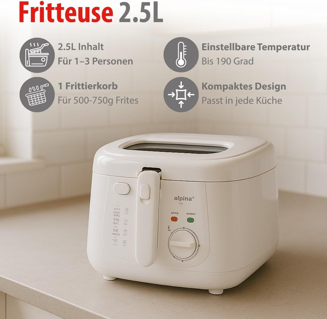 alpina Friteuse 2,5L DF-165 - Friteuse mit Fett 1800W - Einstellbare Temperatur bis 190°C - für 2 bi