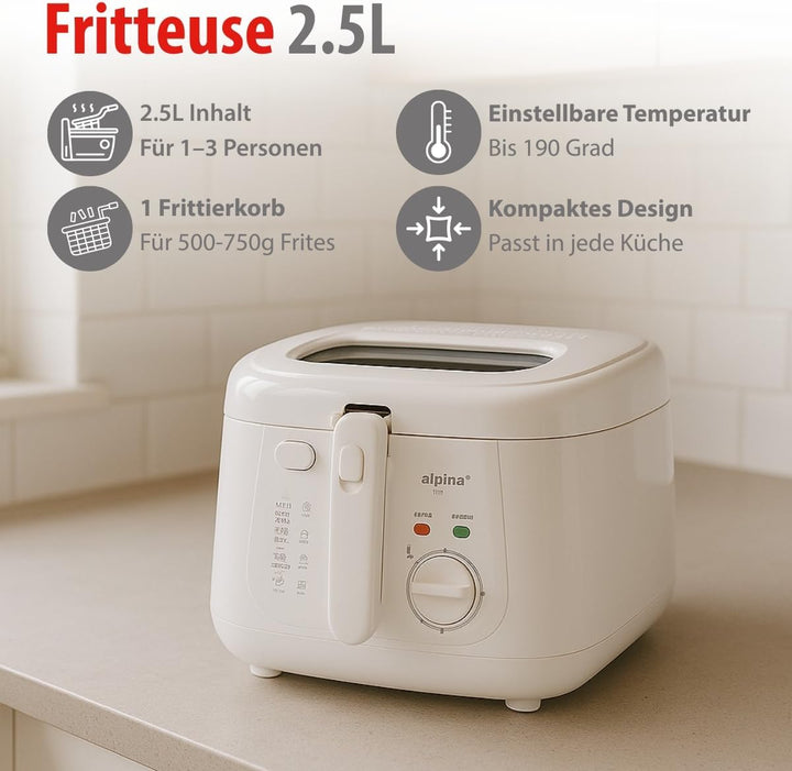 alpina Friteuse 2,5L DF-165 - Friteuse mit Fett 1800W - Einstellbare Temperatur bis 190°C - für 2 bi
