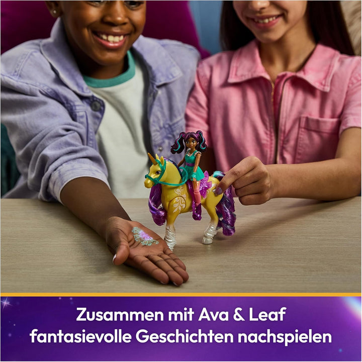 Unicorn Academy Set - Ava und Pflanzen-Magie Leaf mit echter Mähne und Schweif sowie magischer Leuch