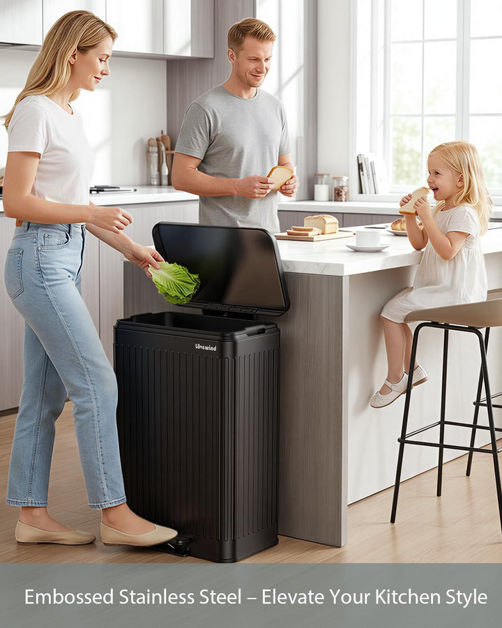 lovewind 60L Mülleimer Küche Edelstahl Schwarz, Pedal-Behälter mit Soft-Close Deckel, 2 herausnehmba