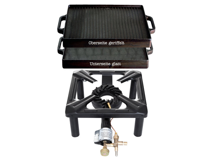 PaellaWorld 303015 Hockerkocher Set 5, klein Gusseisengrillplatte 32 x 32 cm mit Zündsicherung