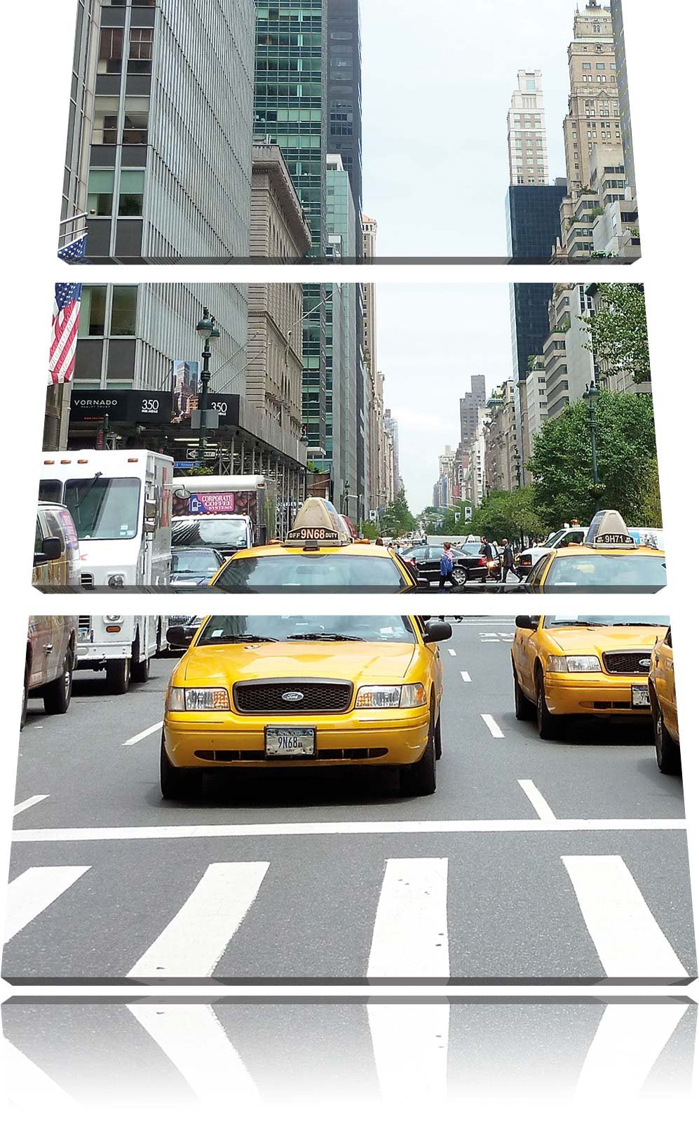 Pixxprint Taxi in New York City / 3-Teilig/Gesamtmass 120cm Leinwandbild bespannt auf Holzrahmen/Wan