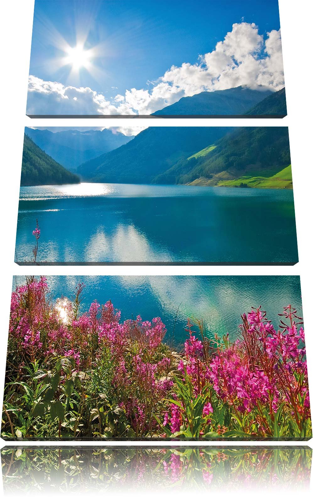 Pixxprint Blumenwiese See als Leinwandbild - Grösse: 3-Teilig (120x80cm) - Wandbild - Kunstdruck - f