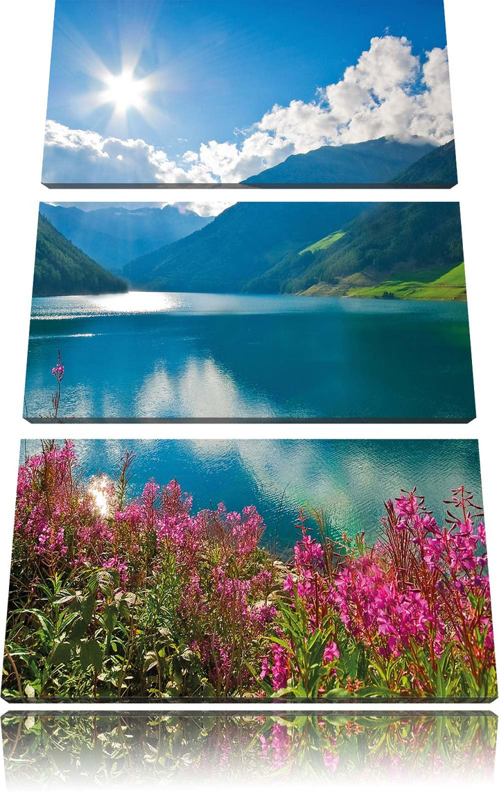 Pixxprint Blumenwiese See als Leinwandbild - Grösse: 3-Teilig (120x80cm) - Wandbild - Kunstdruck - f
