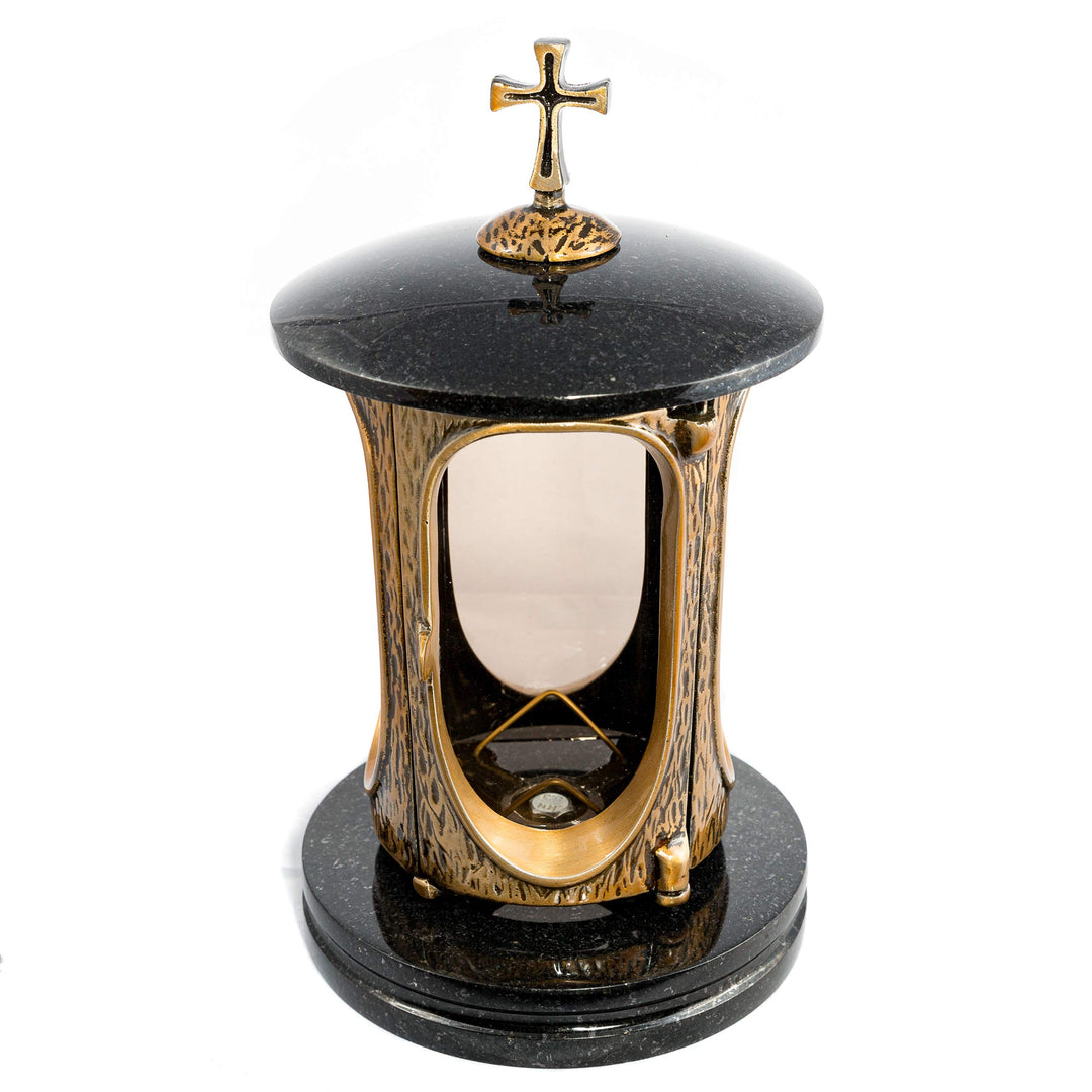 Afterglow Stilvolle Grablaterne Elégant mit Kreuz Granit Schwedisch Black Höhe 27 cm/Ø 15 cm Grableu