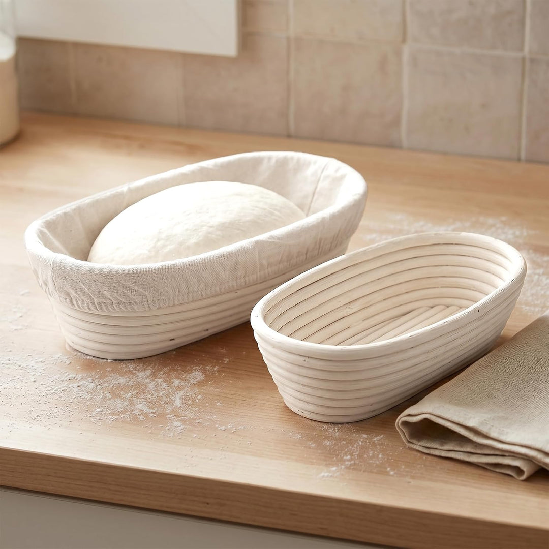 SINJEUN 2er Set Gärkorb Oval 30 cm und 35 cm, Rattan Brotkorb mit Leinentuch für Brot Backen, Küche,
