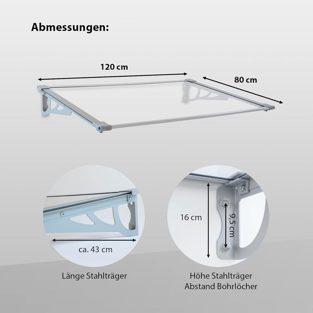 TrutzHolm® Aluminium Vordach Haustürvordach Pultvordach 150 x 90 cm Schneelast 95kg | Polycarbonatpl