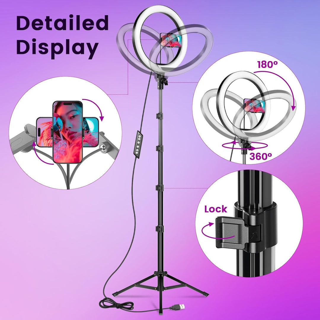10 Zoll LED Ringlicht mit 61 Zoll Stativständer & Handyhalter, Dimmbare RGB Tischringlicht Handystat