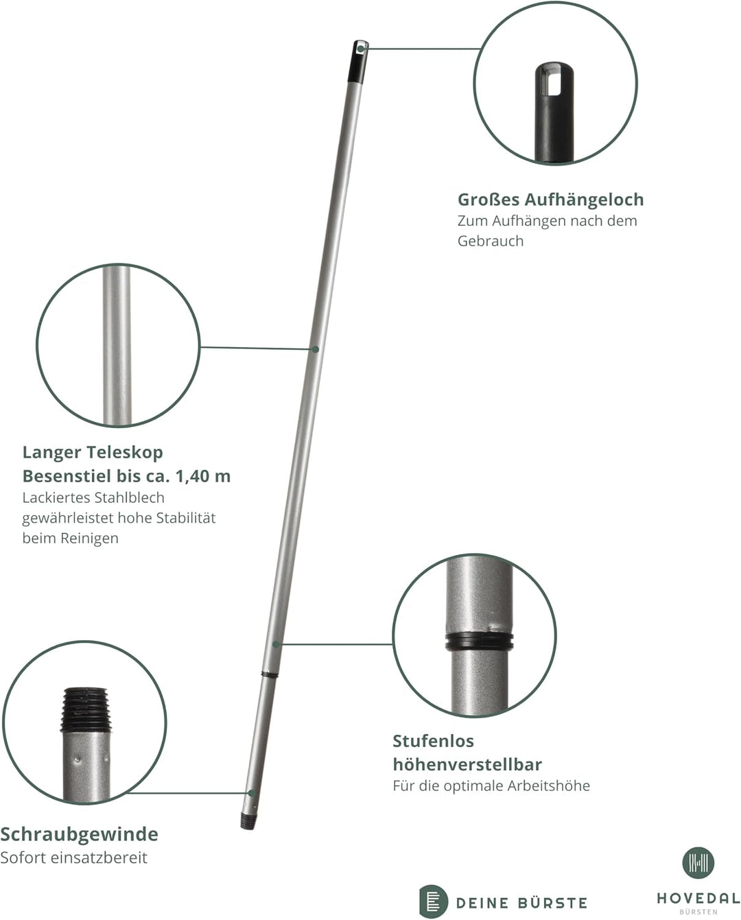 2x Besenstiel Teleskopstiel, 80 cm - 140 cm, Lange, stabile Teleskop Besenstiele mit Gewinde, Stiel
