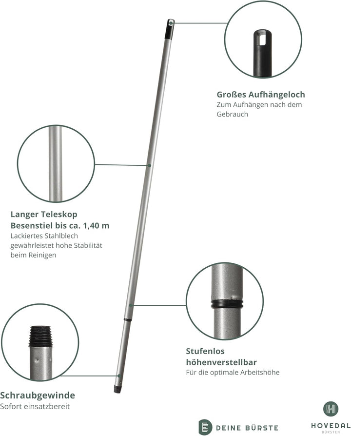 2x Besenstiel Teleskopstiel, 80 cm - 140 cm, Lange, stabile Teleskop Besenstiele mit Gewinde, Stiel