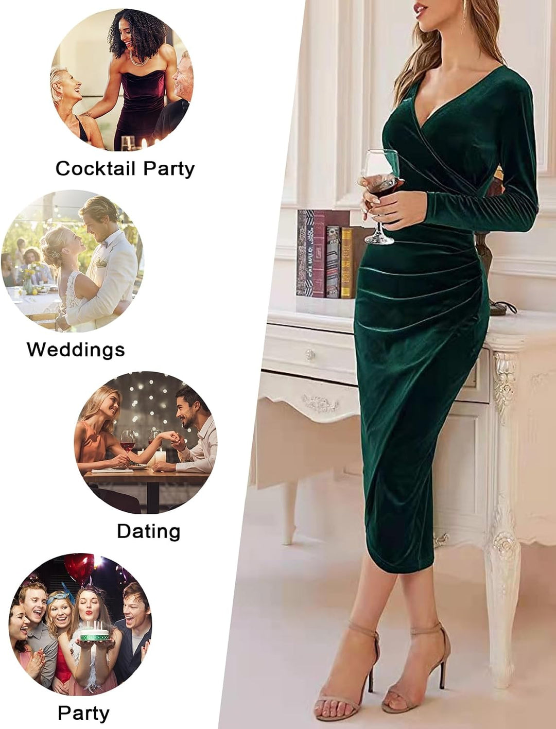 Yutdeng Kleid Lang Damen Elegant Partykleid Samt V Ausschnitt Cocktailkleid Abendkleid Bodycon Kleid