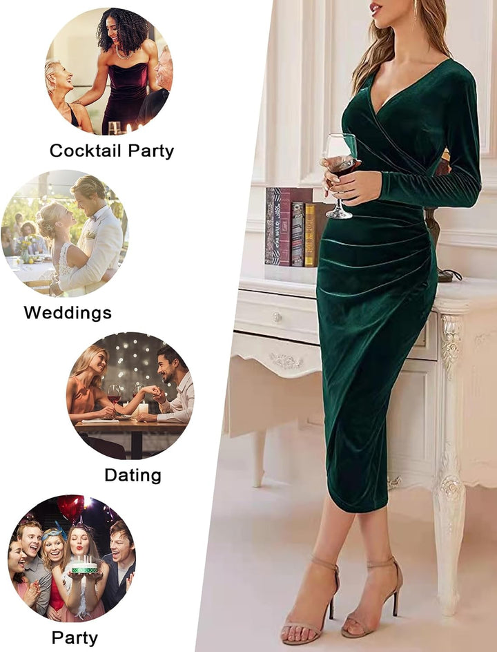 Yutdeng Kleid Lang Damen Elegant Partykleid Samt V Ausschnitt Cocktailkleid Abendkleid Bodycon Kleid