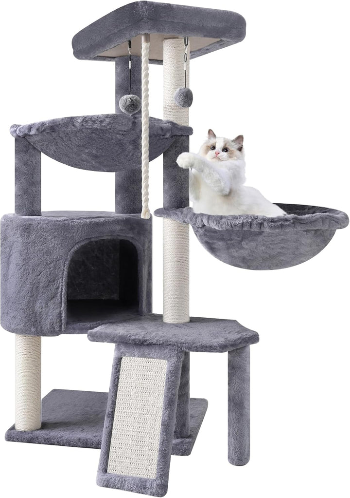 TINWEI Katzenbaum mit Katzenhütte und Zwei Hängematten, Grau, Grau