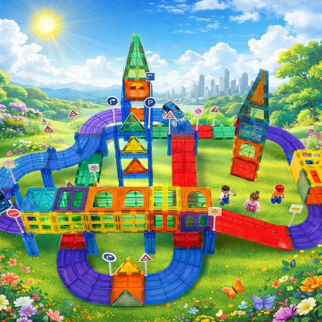 Wonder Toys 122 Stück Rennauto-Bausteine - Lernspielzeug - Magnetfliesen - Spielset 2 LKW - Lernbaus