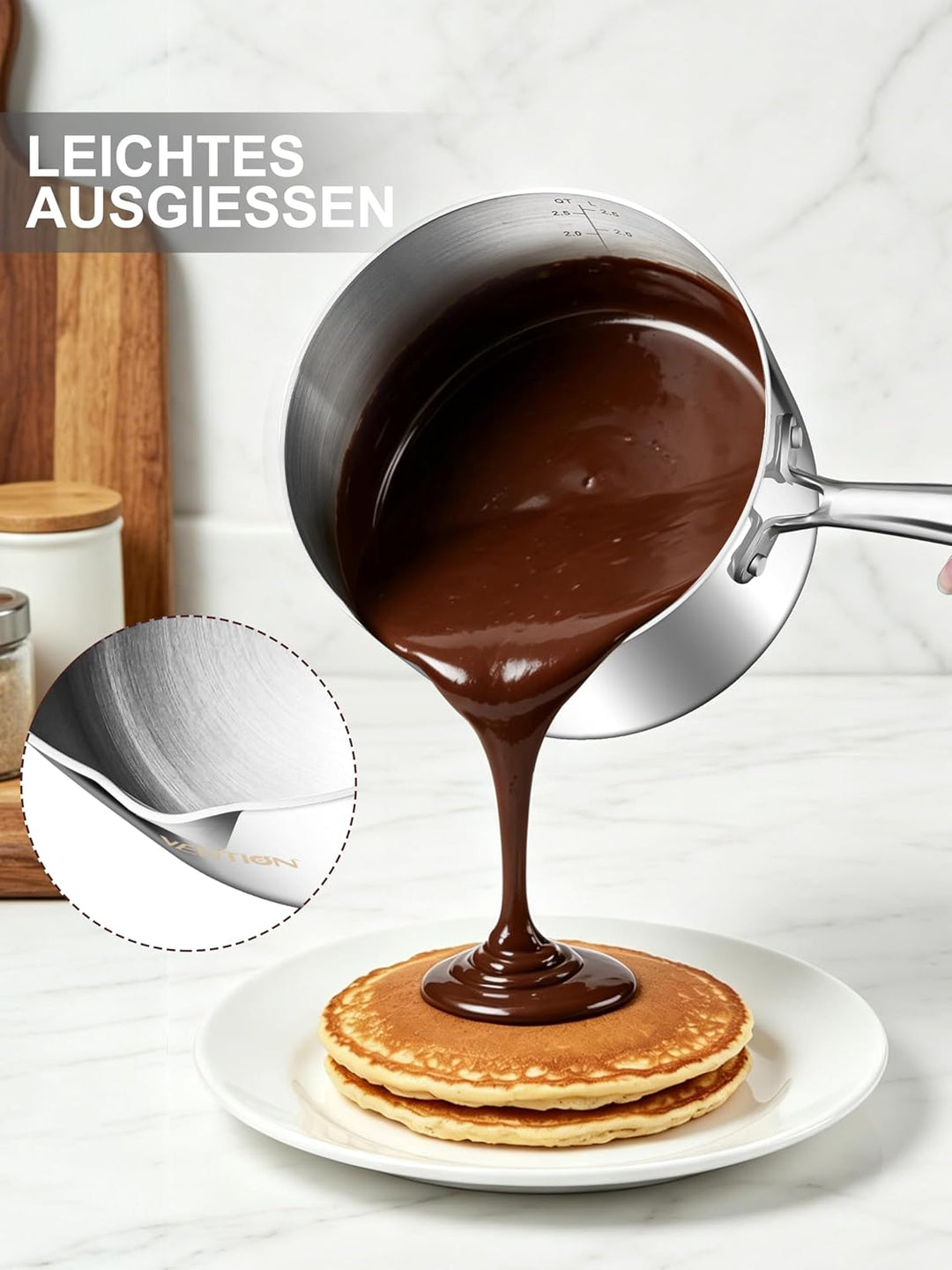 VENTION Stielkasserolle 18 cm mit Deckel Induktion, Stieltopf mit Ausgiesser, 3-Lagiger Edelstahl Ka