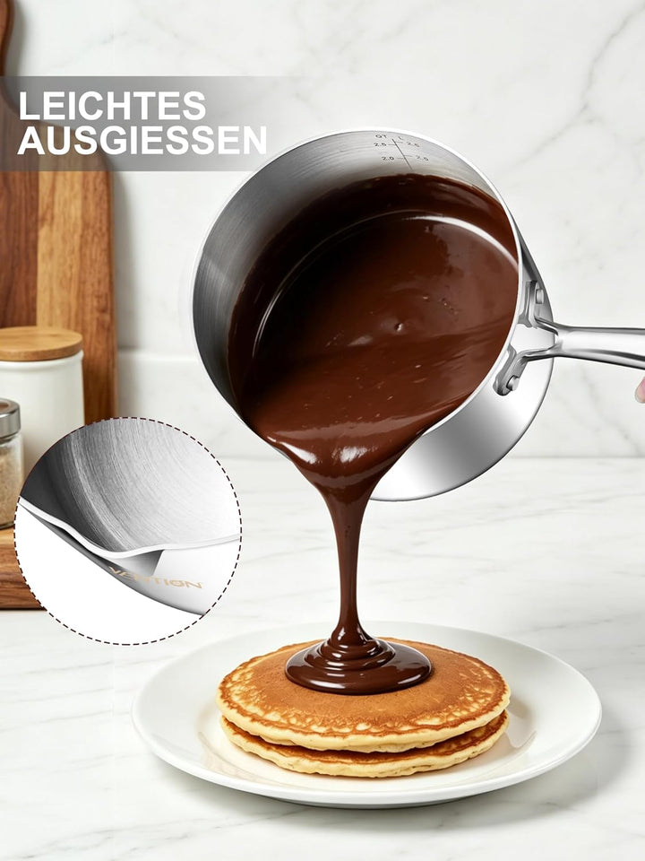 VENTION Stielkasserolle 18 cm mit Deckel Induktion, Stieltopf mit Ausgiesser, 3-Lagiger Edelstahl Ka