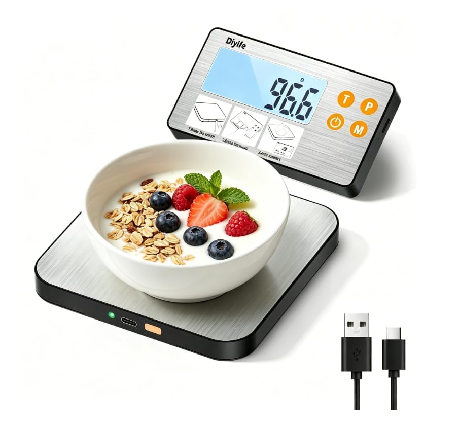 Diyife Küchenwaage Digital Geteilt, Edelstahl 1g/15Kg Haushaltswaage, USB-Aufladung und Batteriebetr