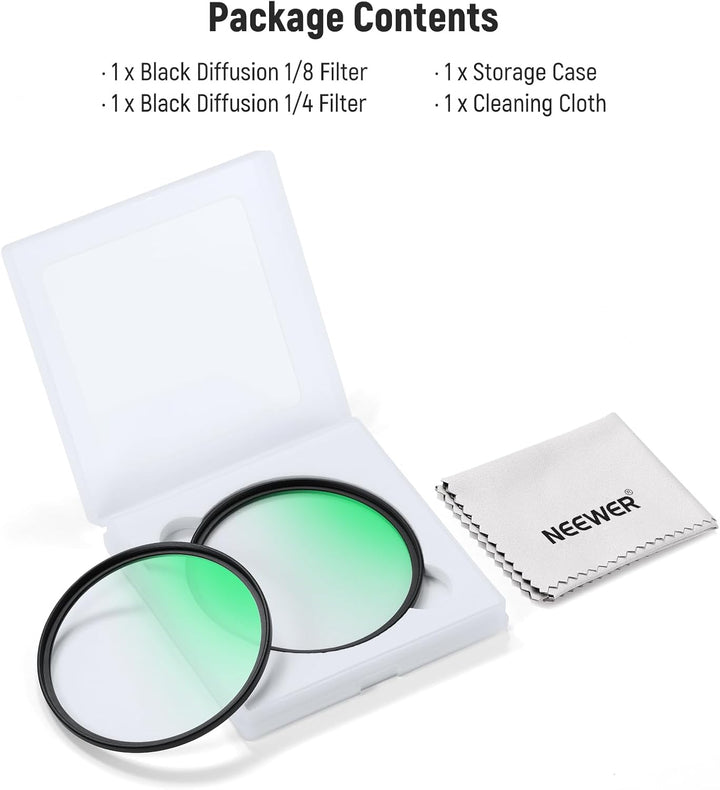 NEEWER 58mm 1/4 &amp; 1/8 Black Diffusion Filter für einen filmischen Nebeleffekt (2 Pack), mehrfach bes