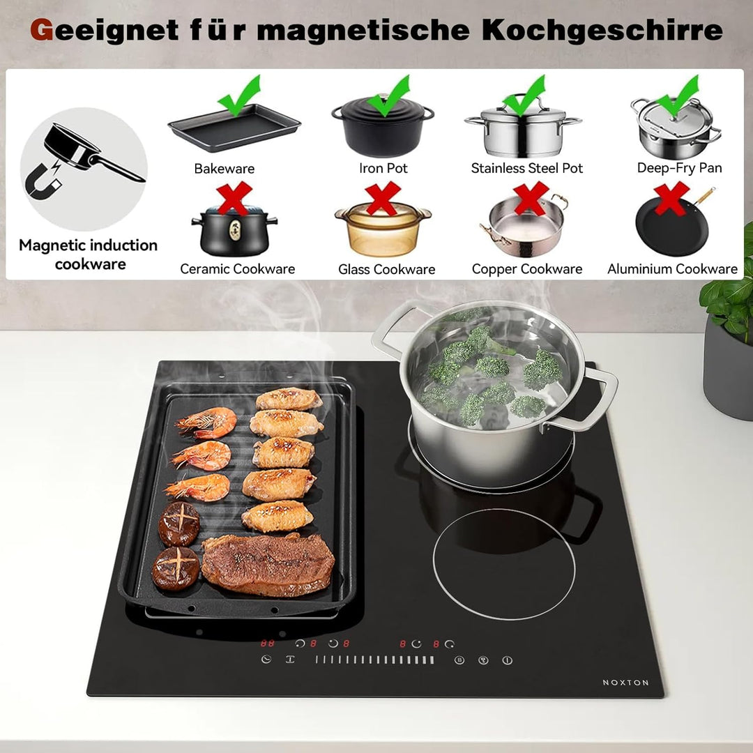 NOXTON Induktionskochfeld 60 cm mit Flexzonen, Autarkes Induktionsfeld 4 Platten, Kochfeld Induktion
