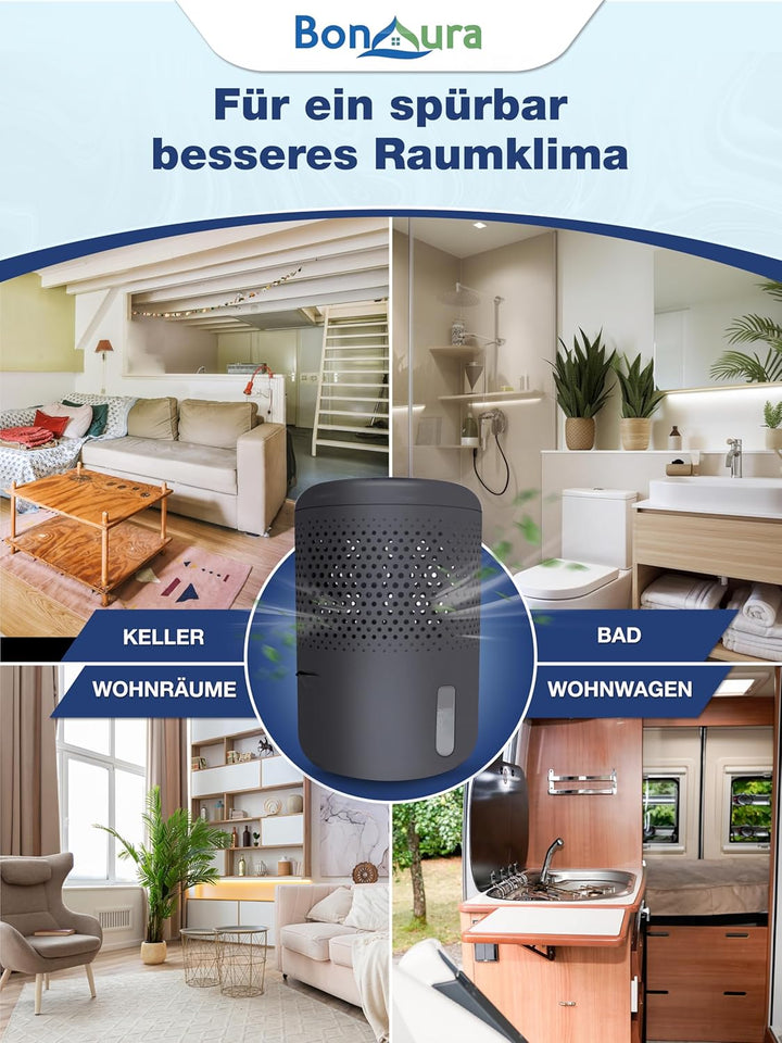 BonAura® Luftentfeuchter ohne Strom | Raumentfeuchter bis 23m² für Keller, Bad | mit 680g Luftenfeuc