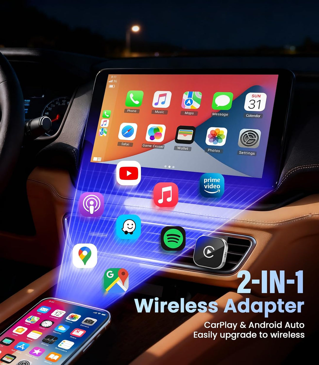 Mini CarPlay Wireless Adapter für iOS/Android, 2 in 1 Car Play Plug&amp;Play Silber, Silber