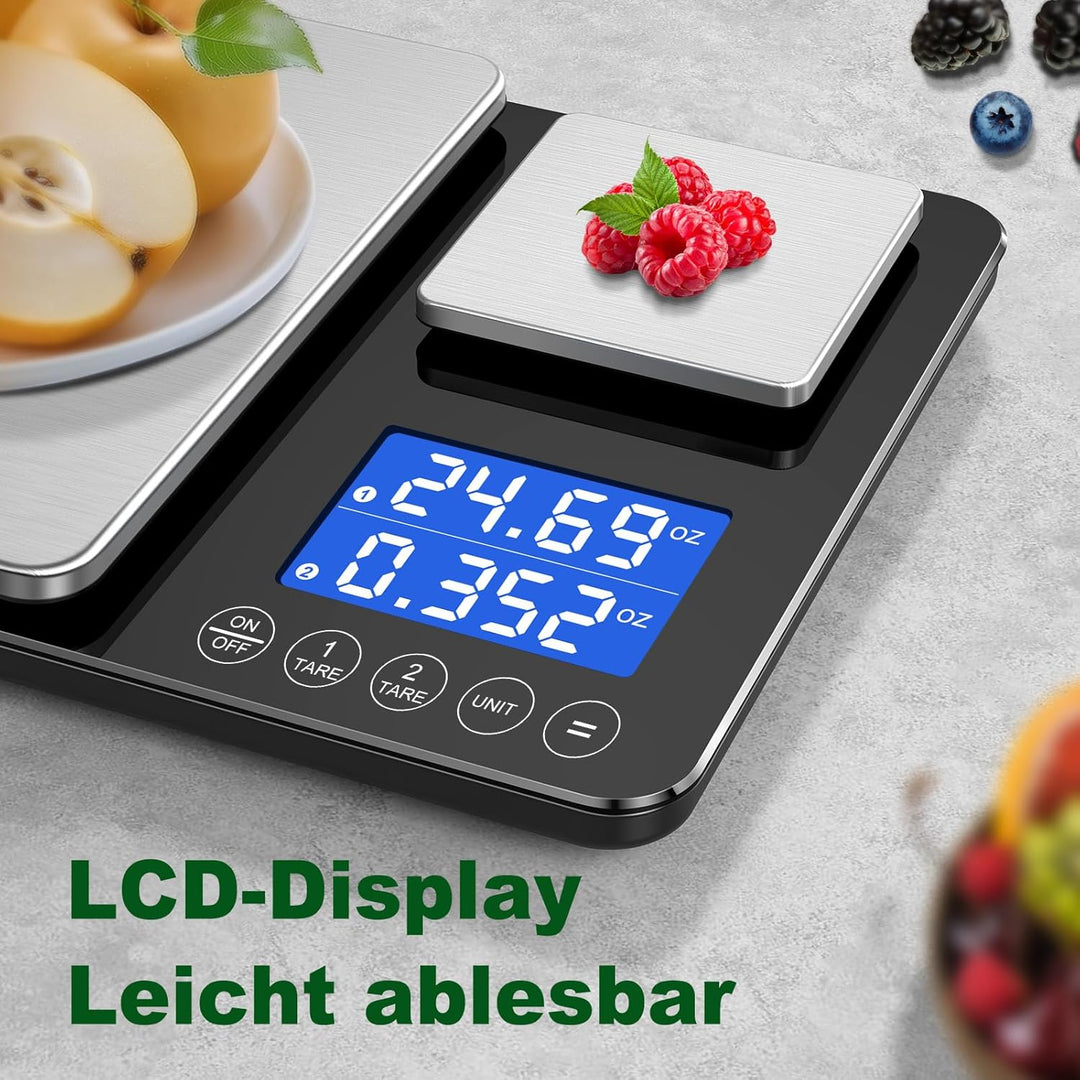 BRICH küchenwaage digital mit Dualer Plattform – 500g/0,01g & 15kg/1g Präzision, Summierfunktion, 7